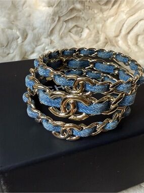 CHANEL Gold-Tone Chain Necklace with Light Blue Leather Weave COA INCLUDED.